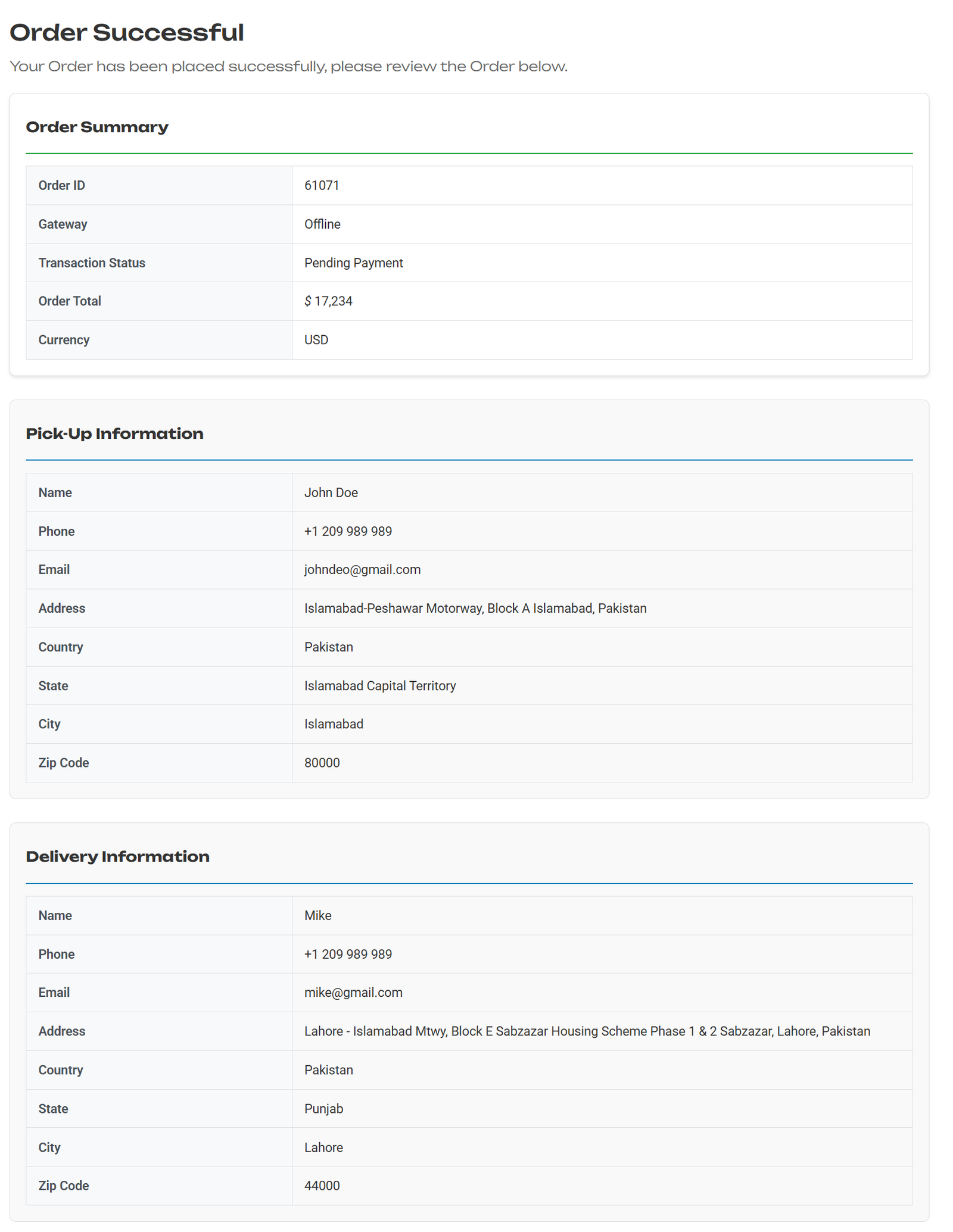 Order success summary