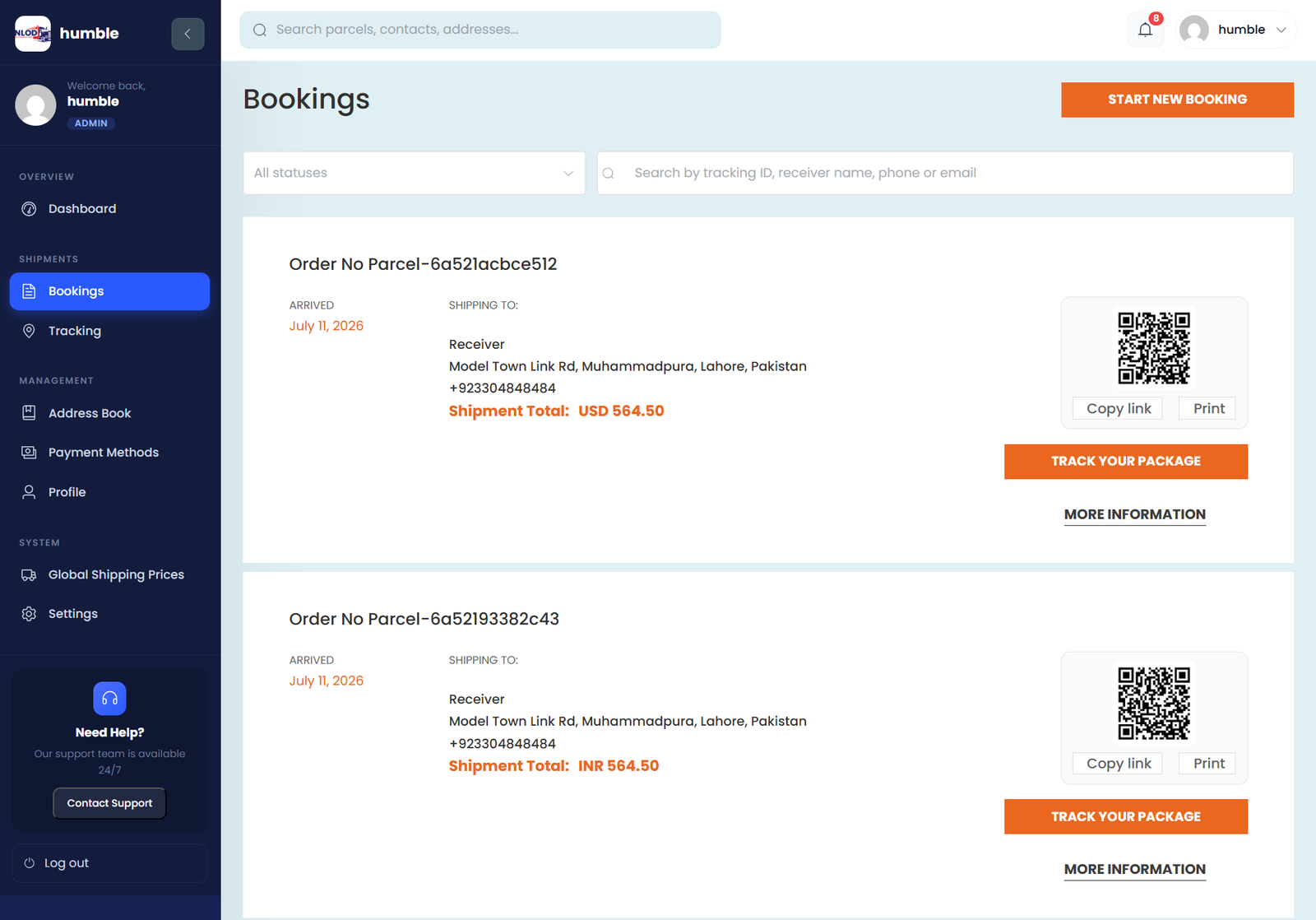 Customer bookings list